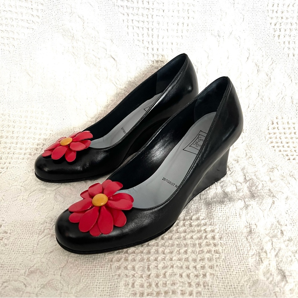 90's Y2K Nancy Geist ZEITGEIST for Cynthia Rowley Wedges All Leather 3D Flower